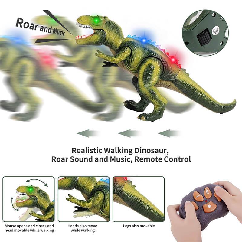 Close-up of the detailed walking T-Rex dinosaur toy, showcasing its texture and fierce design.
