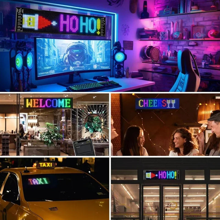 Car window LED sign showing 'On My Way!', app-controlled dynamic messages. Universal flexible display.