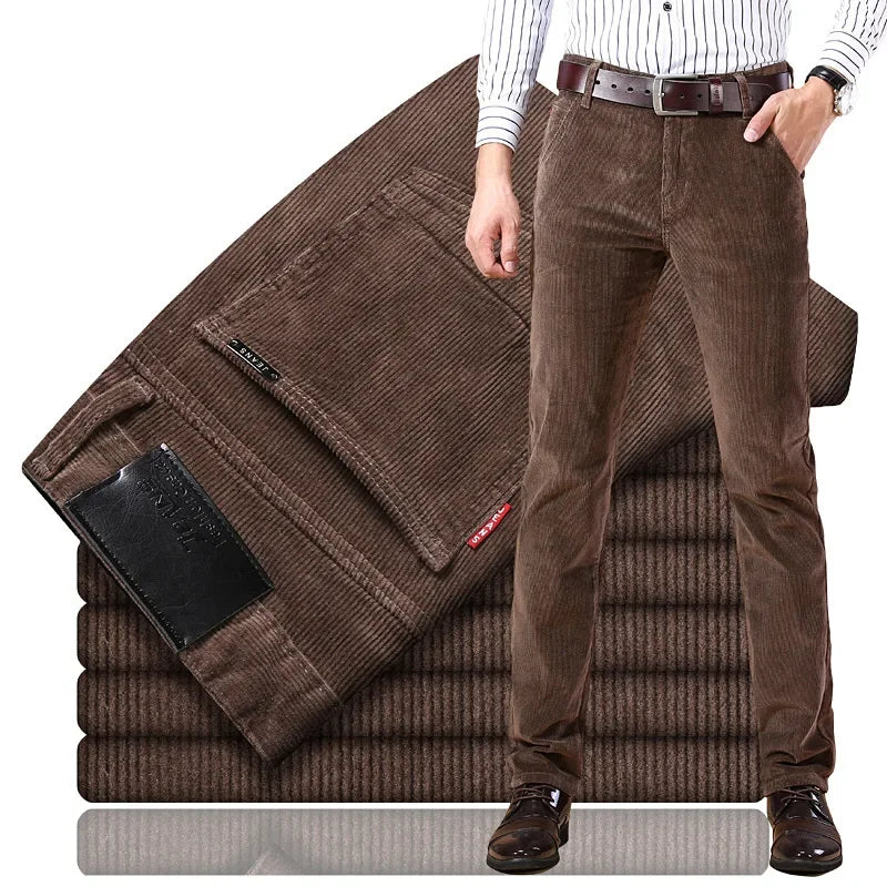 Back view of men's tailored fit corduroy dress trousers, showcasing a sleek & comfortable design.