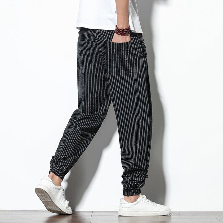 Soft Kaizen men's striped joggers. Relaxed fit drawstring pants, ideal for ultimate comfort & fashion.