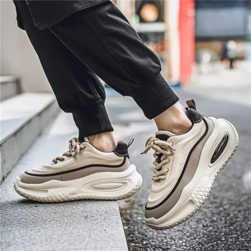 Athletic & casual men's retro Dynasty comfort sneakers in red, beige & camel for stylish, durable walking.
