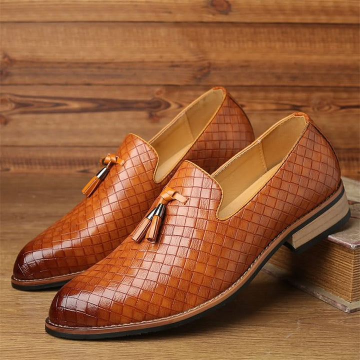 Side view of men's woven tassel loafers, showcasing quality and craftsmanship. Durable & comfortable dress shoes.