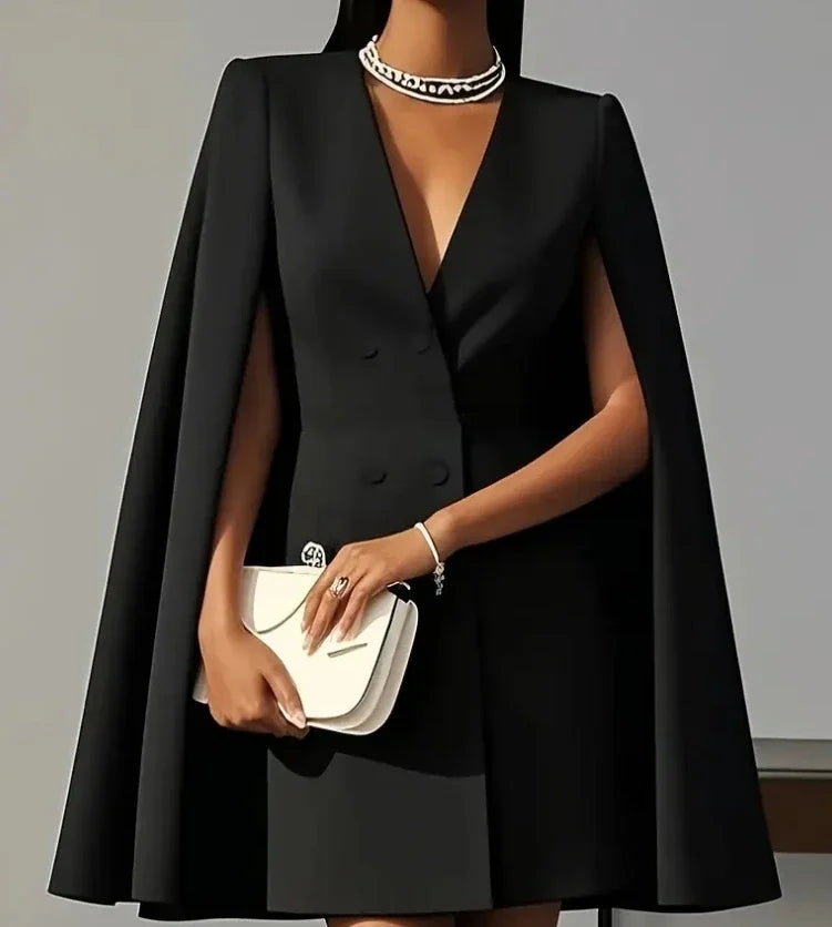 Stylish women's formal V-neck blazer mini dress with elegant flowing cape sleeves. Chic party or cocktail wear.