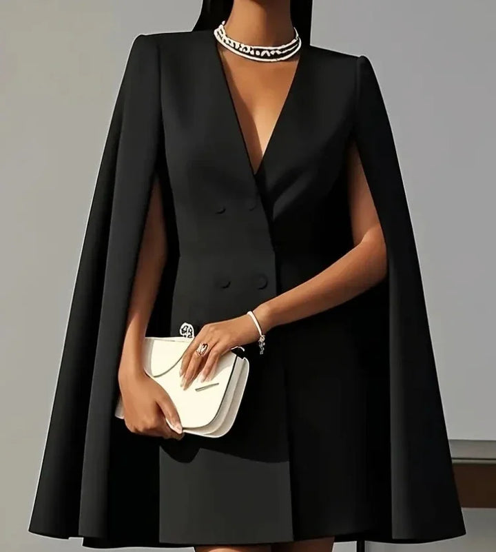 Stylish women's formal V-neck blazer mini dress with elegant flowing cape sleeves. Chic party or cocktail wear.