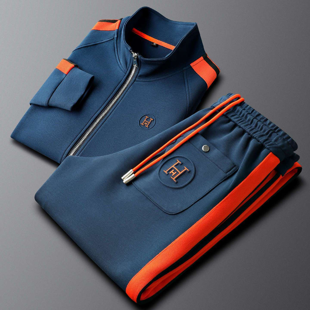 Modern men's fashion tracksuit. Stylish two-piece set, perfect as comfort outfit, activewear or casual streetwear.
