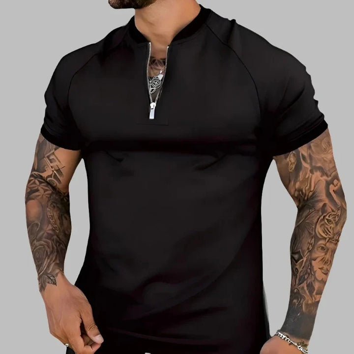 Close-up of men's zip shirt featuring a stylish contrasting collar and comfortable fit. Smart casual.