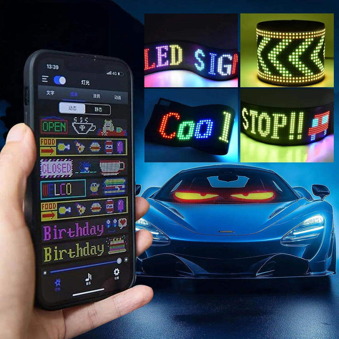 Bendable LED message board, easy installation for car windows or shopfronts. Customizable dynamic display.