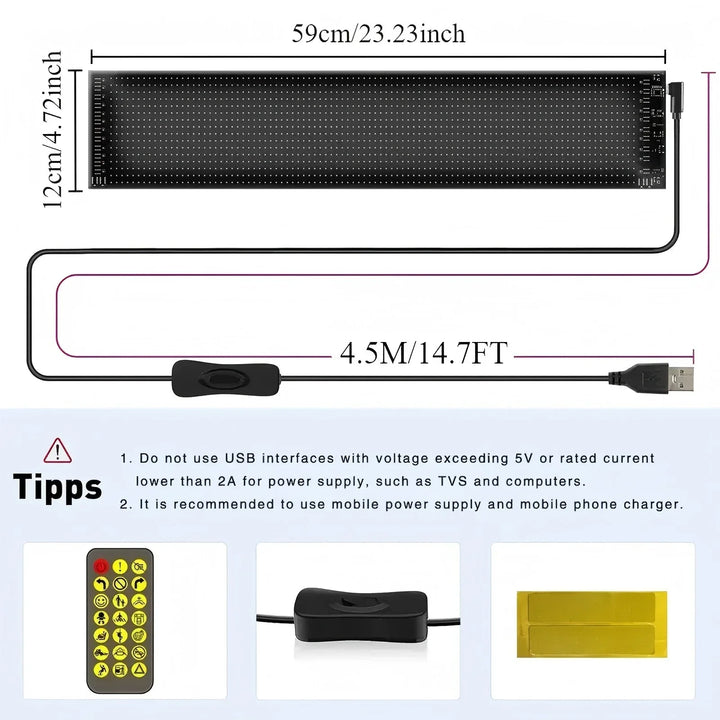 Versatile LED message display for cars & shops, offering custom, app-controlled RGB messages.