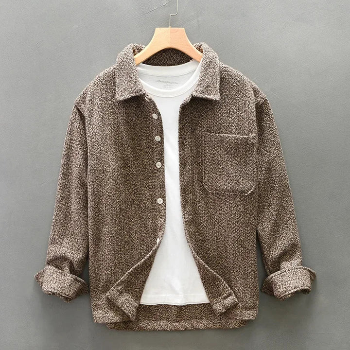 Men's soft textured boucle knit overshirt in brown, perfect for comfort & casual layering.
