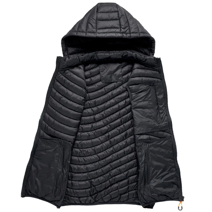 Versatile men's outdoor puffer vest, insulated for warmth, with a practical detachable hood. (Charcoal)