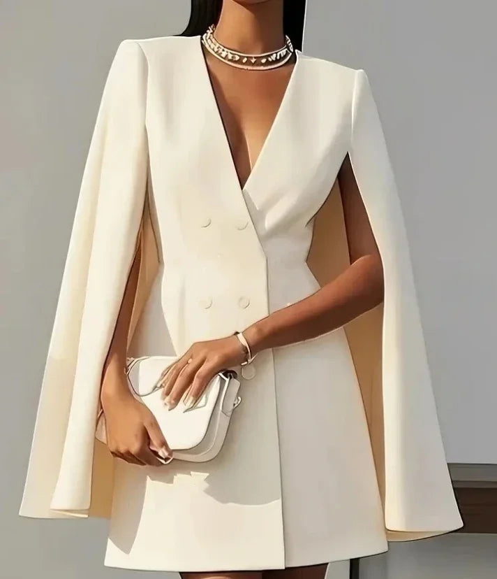 Elegant women's V-neck blazer mini dress with flowing cape sleeves, perfect for cocktails or formal events.