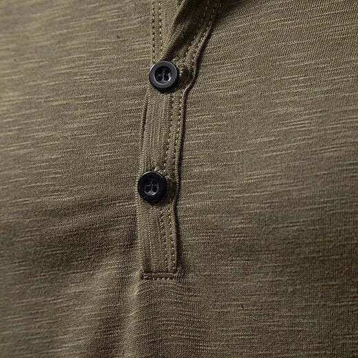 Men's classic slim fit henley shirt (back view), showcasing versatile everyday apparel.