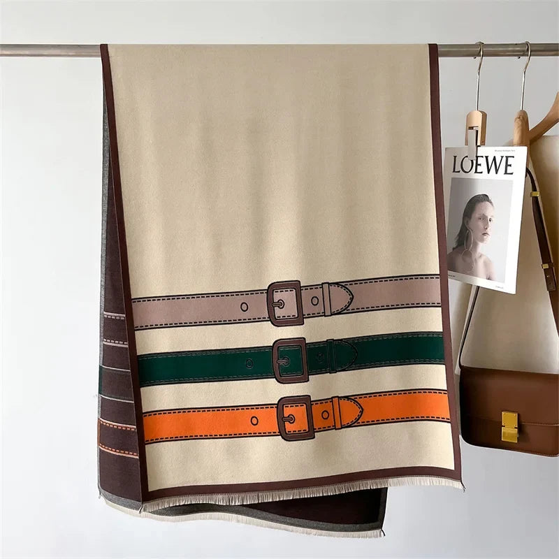 Stylish yellow cashmere blend scarf with a chic belt buckle pattern, a soft luxury wrap for any gender.