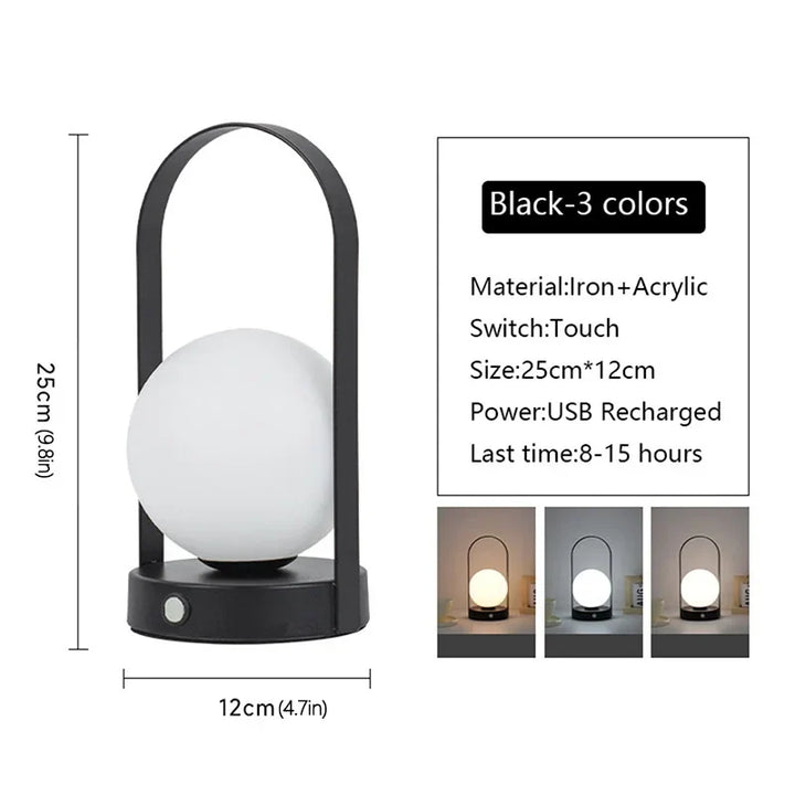 Sleek portable LED lamp for ambiance, dimmable & rechargeable for home or patio.