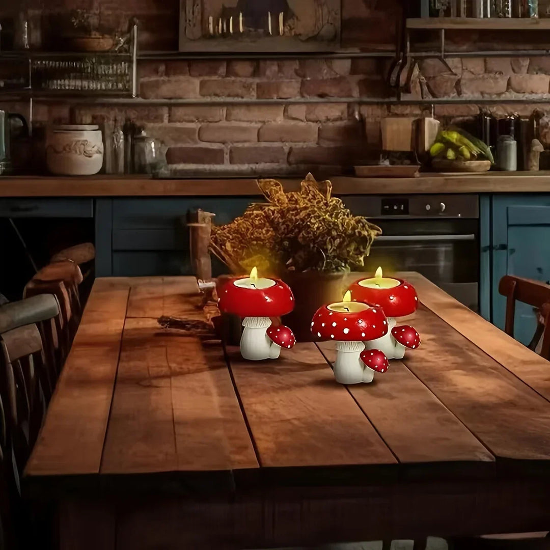 Cozy tabletop mushroom candle holder. Whimsical design for enchanting home accent and thoughtful gifts.