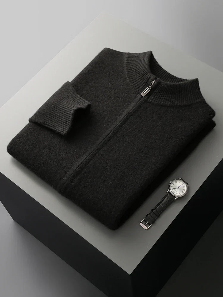 Classic black men's zip-front layering cardigan, a versatile long sleeve sweater for casual & everyday wear.