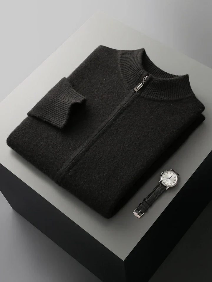 Classic black men's zip-front layering cardigan, a versatile long sleeve sweater for casual & everyday wear.
