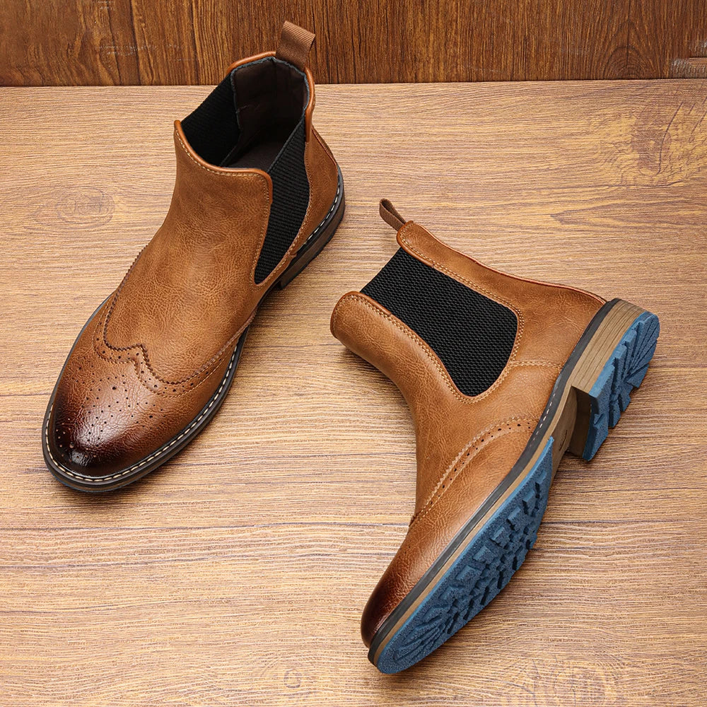 Stylish men's Chelsea boots with cushioned comfort, a prominent blue sole, ideal for both casual and formal wear.
