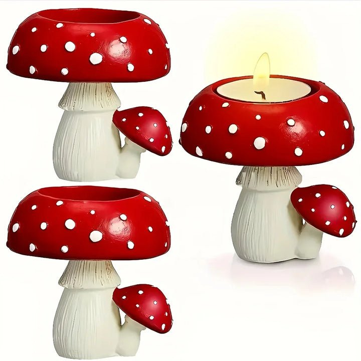Whimsical resin mushroom candle stand for tabletop decor. Perfect cozy accent for any home.