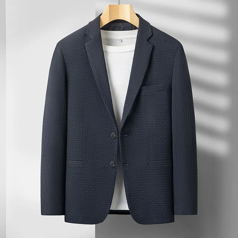 Classic men's blue structured blazer, offering sophisticated style and comfortable, tailored fit.