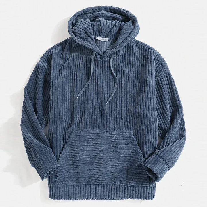 Men's relaxed fit corduroy hoodie, stylish pullover for fall & winter casual wear. Comfortable everyday fashion.
