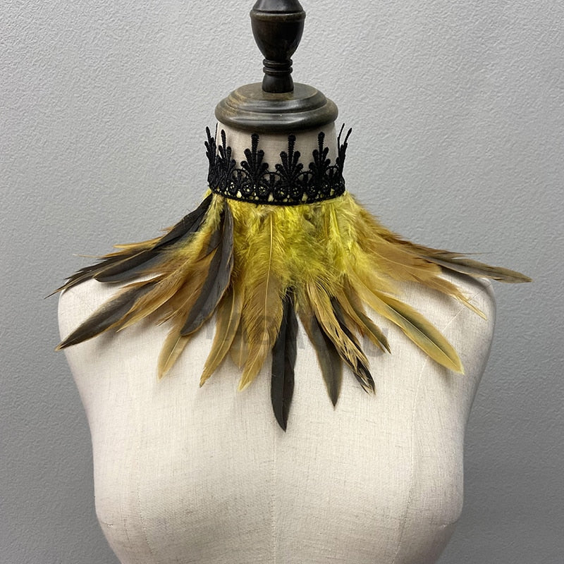 Statement faux feather choker necklace, perfect unisex accessory for festival fashion & costume parties.