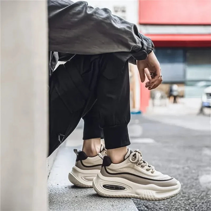 Durable Men's Dynasty retro comfort sneakers in red, beige & camel, built for walking, athletic & casual fashion.