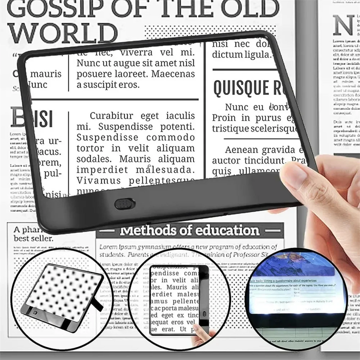 Close-up of a handheld LED reading magnifier, assisting with small print for enhanced vision.