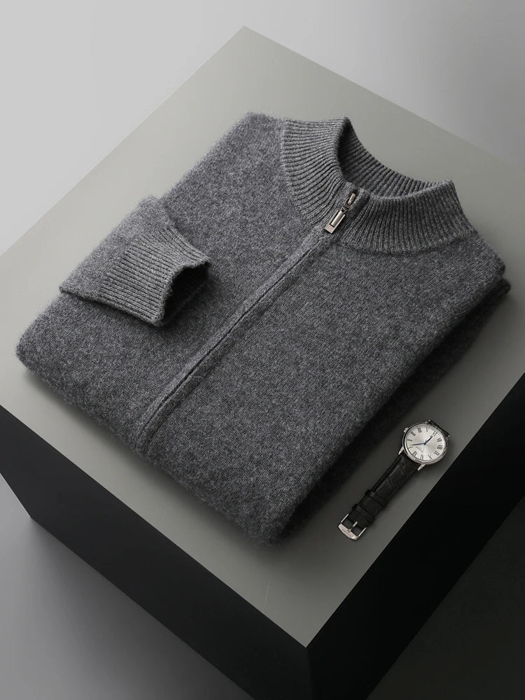 Men's zip-front cardigan layered over a tee, showcasing versatile smart casual style. Comfortable sweater.
