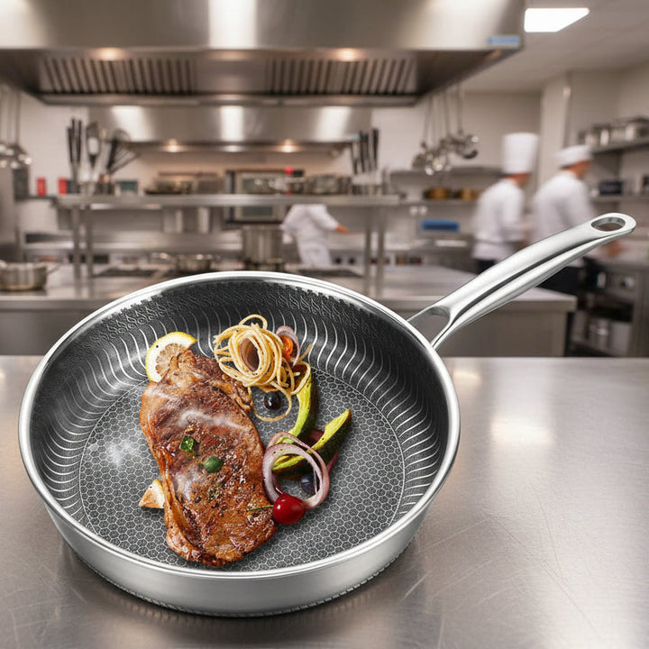 Durable stainless steel frying pan ensures professional, even cooking. Oven safe and induction compatible kitchen essential.
