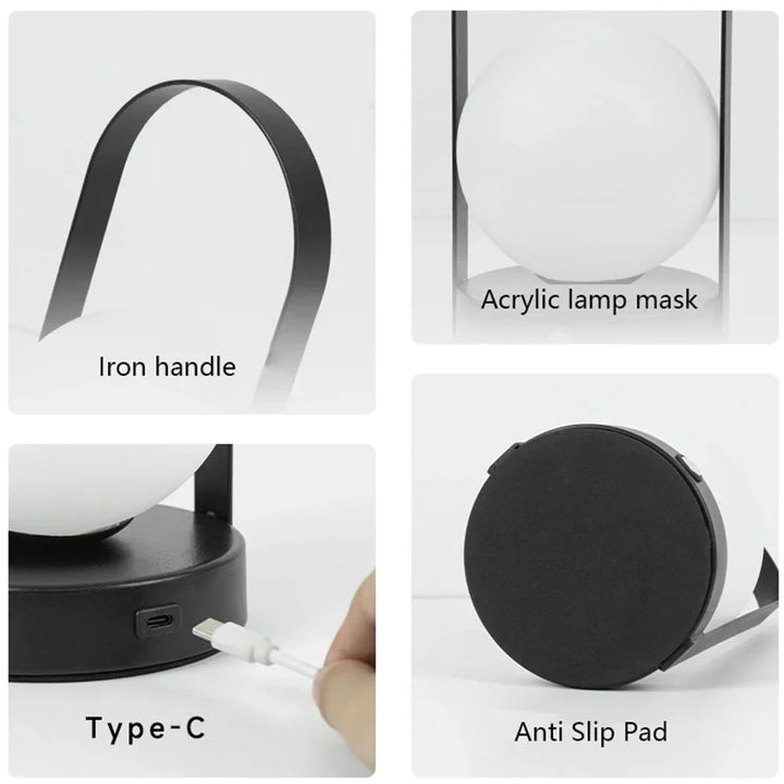 Dimmable LED table lamp, modern design, USB rechargeable for any room.