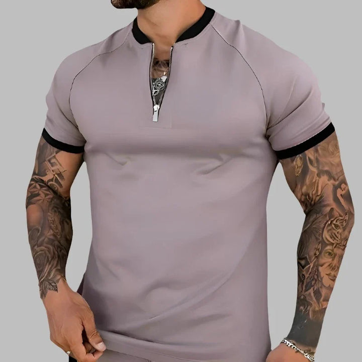 Men's stylish zip shirt with contrasting collar, perfect for modern casual or smart casual looks.