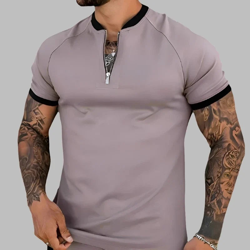 Man wearing a versatile zip shirt with contrasting collar for a smart casual, sophisticated look. Men's top.