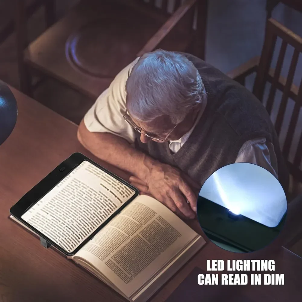 Clear vision handheld LED magnifier for elderly and low vision users; a portable reading aid.