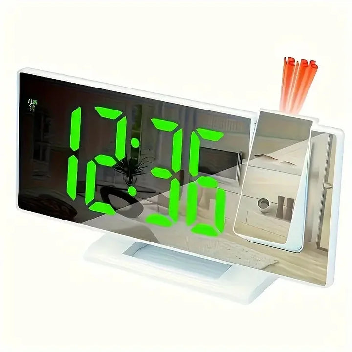 Smart projection clock with large LED display, snooze, and dimmable night light.