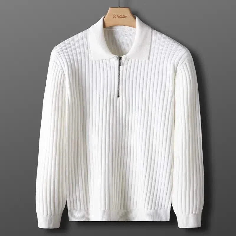 Cotton blend men's ribbed knit long sleeve polo shirt. Comfort fit casual top, perfect for stylish everyday wear.
