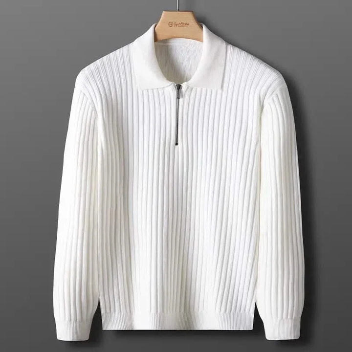 Cotton blend men's ribbed knit long sleeve polo shirt. Comfort fit casual top, perfect for stylish everyday wear.