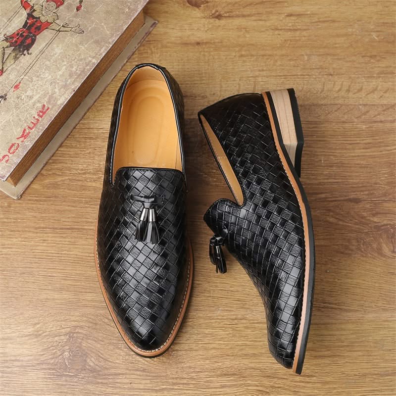 Classic men's slip-on loafers, featuring elegant tassels and a unique woven design. Formal & casual smart.