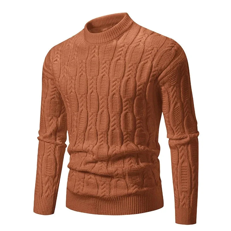 Man wearing a classic men's heritage cable-knit sweater, perfect stylish top for winter & fall fashion casual wear.