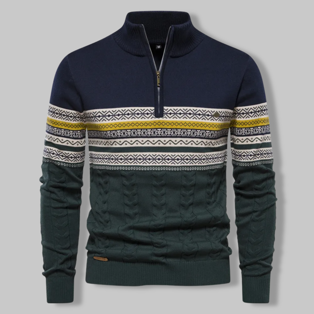 Men's quarter zip sweater in a classic knit, offering cozy comfort and stylish casual wear.