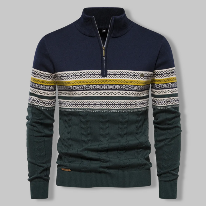 Men's quarter zip sweater in a classic knit, offering cozy comfort and stylish casual wear.