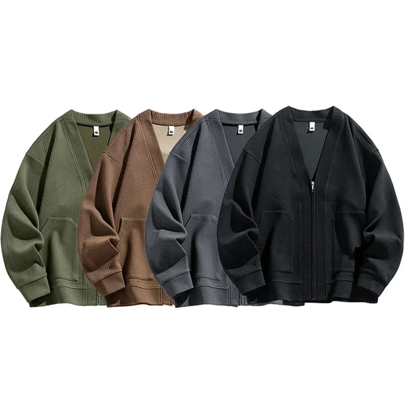 Brown men's relaxed fit full zip sweater, casual and comfortable with pockets. Great for everyday layering.