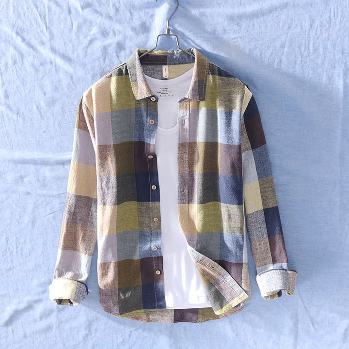 Casual men's relaxed fit checkered button-up shirt made from comfortable cotton-linen blend, ideal for summer fashion.