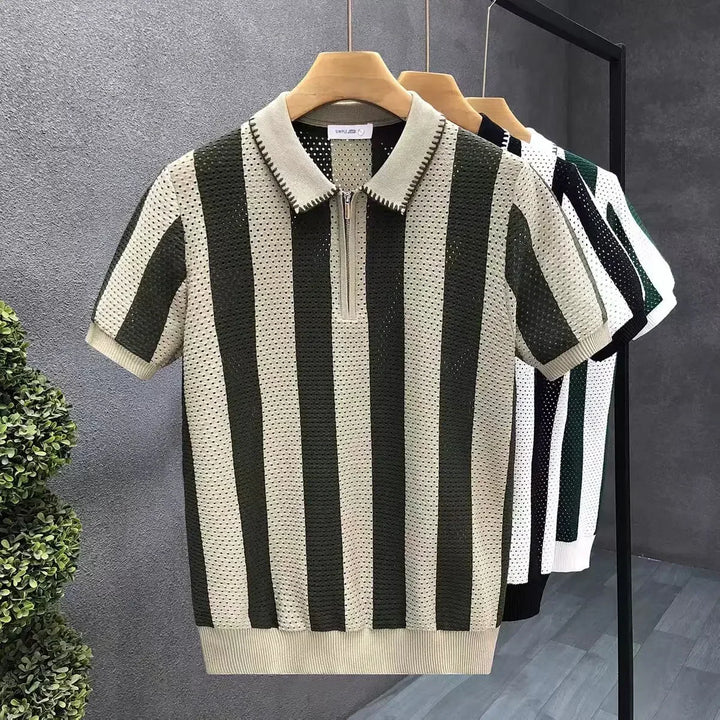 Men's striped zip polo shirt, vintage style, short sleeve, perfect for modern casual summer fashion.