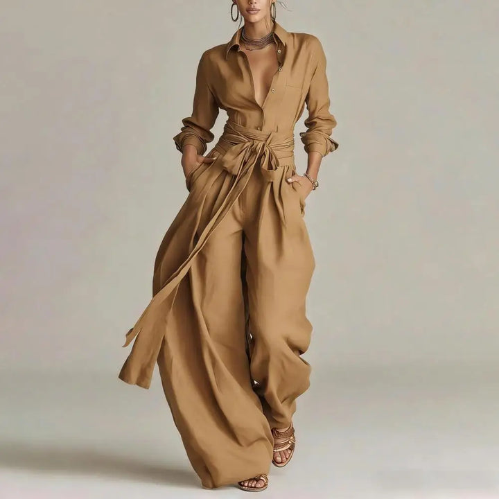 Comfortable women's linen wide-leg pants and matching button shirt co-ord for elegant casual summer wear.