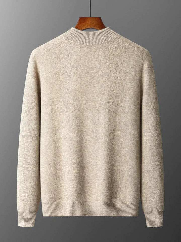 Detailed view of the durable zip-front on a men's comfortable layering cardigan. Quality long sleeve sweater.