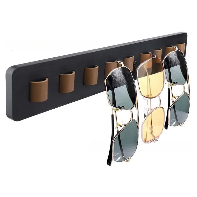 Modern bamboo eyewear organizer, wall-mounted display rack for sunglasses & eyeglasses, perfect home decor.