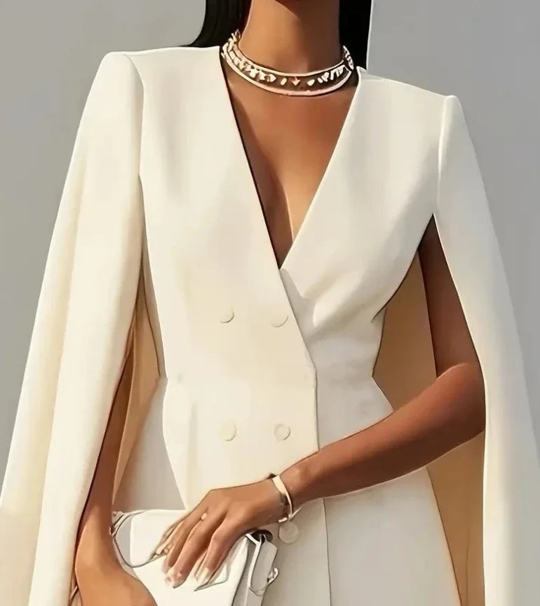 Sophisticated V-neck blazer mini dress with elegant flowing cape sleeves for women. A stylish formal party dress.