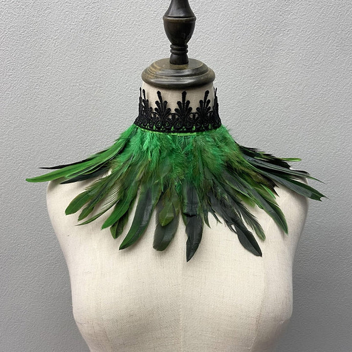 Dramatic faux feather choker necklace, a unisex accessory for adding edge to festival and party looks.