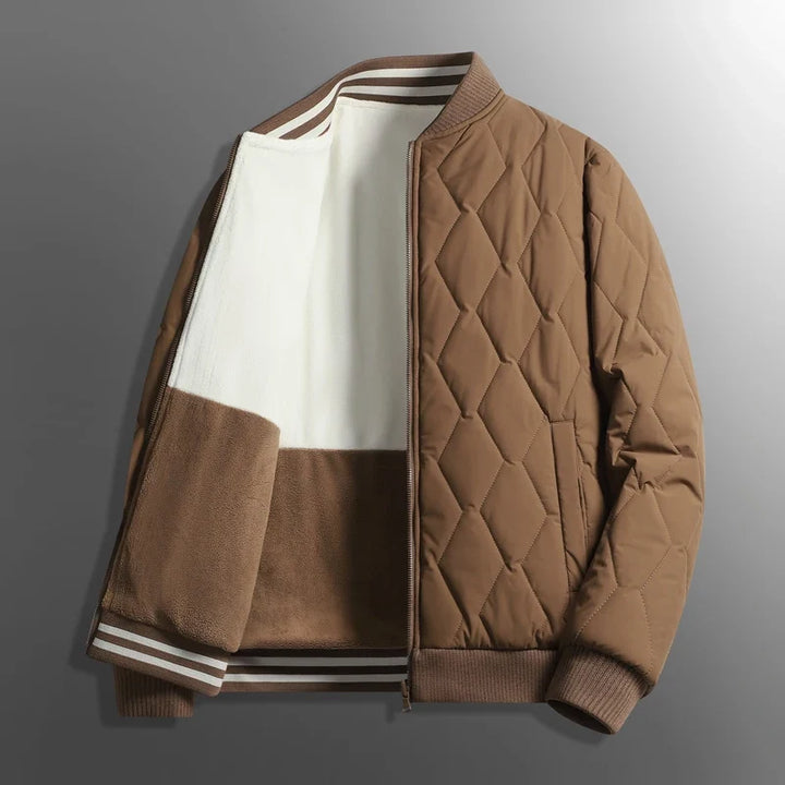 Men's cozy winter jacket with snowflake pattern, perfect for cold weather. Warm and stylish outerwear for him.